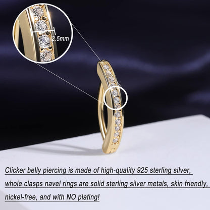 Bauchnabelpiercing 14G Silber 925 Clicker mit Diamanten, 10mm/12mm