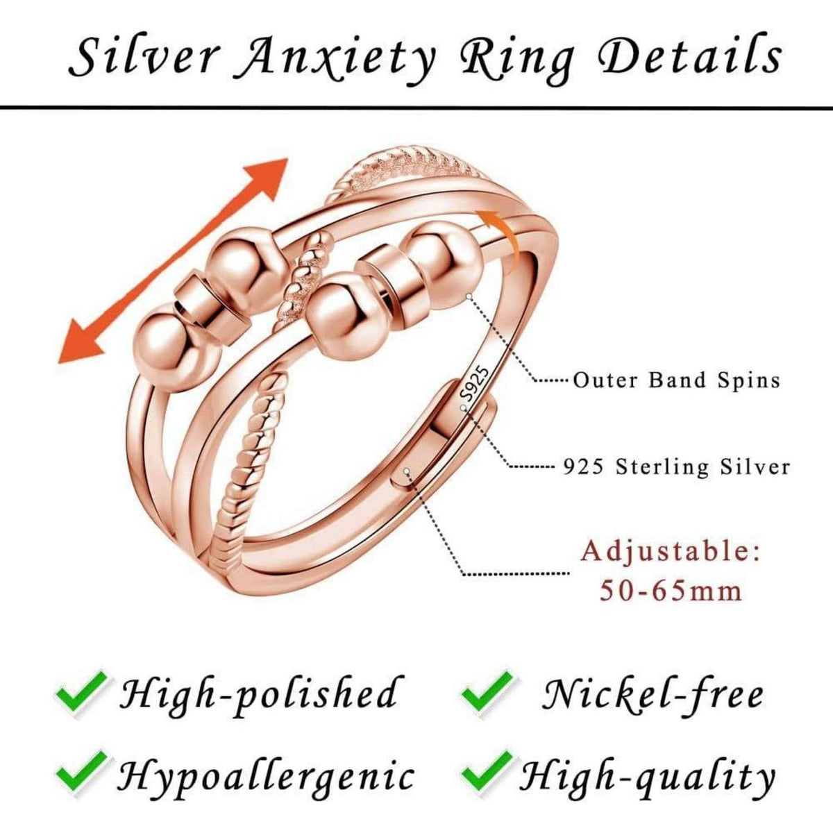 Verstellbarer Angst Ring 925 Sterling Silber Rosegold 6 Perlen