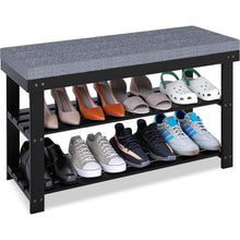 Bambus Schuhbank mit Kissen und 3 Fächern, Schwarz