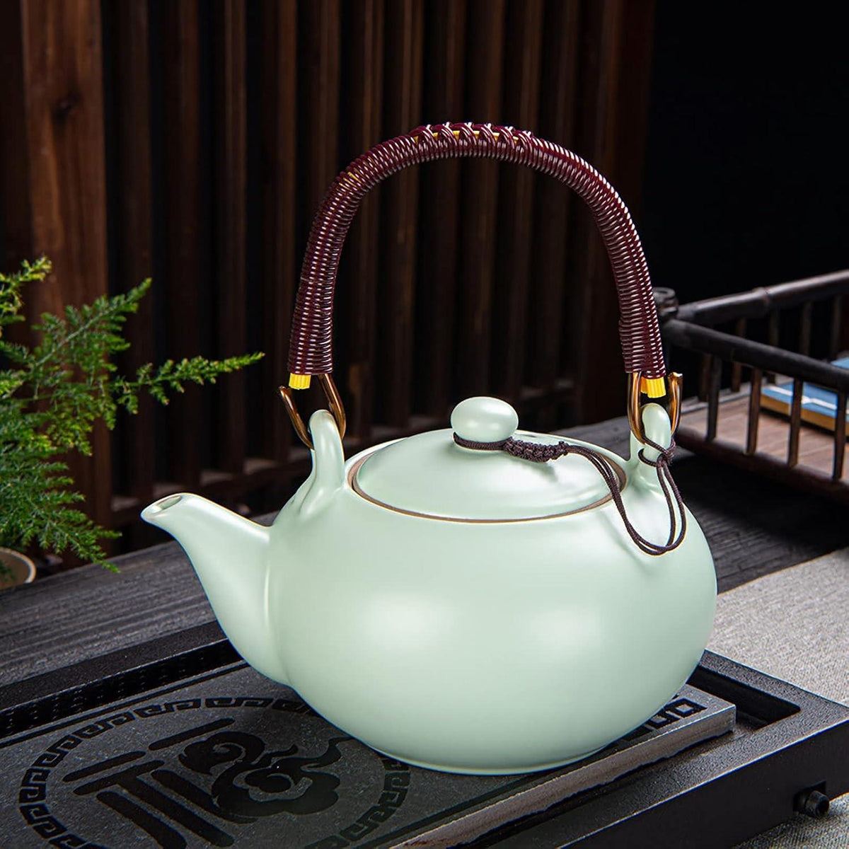 Chinesisches Tee-Set aus Keramik - Teekanne 600ml & 6 Tassen 120ml - Kungfu Teeservice - Grün