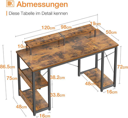 Gaming Schreibtisch 120x50x86.5cm Vintage Braun Reversibel mit Regal & Monitoren
