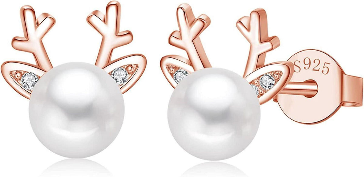 Silber Weihnachten Ohrringe Damen 925 Sterling Ohrstecker Elch Perle