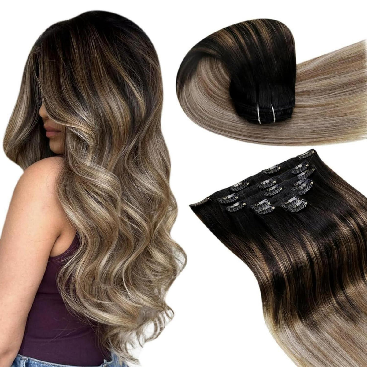 Echthaar Clip-In Extensions Ombre Schwarz-Hellbraun-Blond