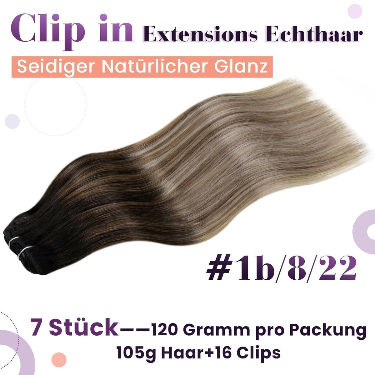 Echthaar Clip-in Extensions Schwarz-Blond Balayage 40cm