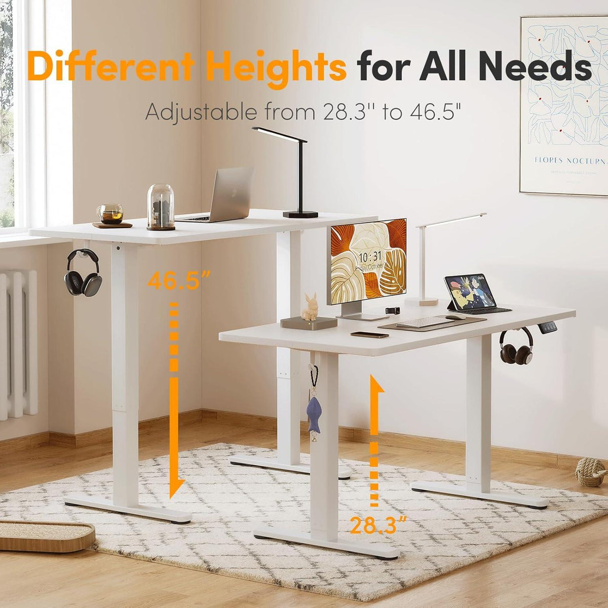 Elektrischer Schreibtisch 140x60 cm Höhenverstellbar Weiß Stahl T-Beine