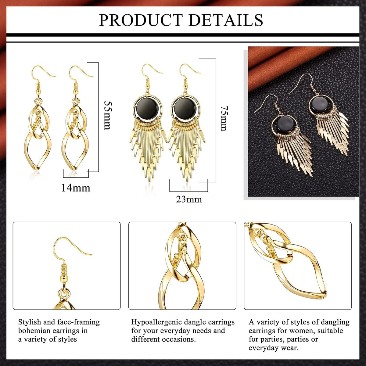 Boho Ohrringe Set Edelstahl Damen Mädchen Twist Quaste Welle Bar Blatt