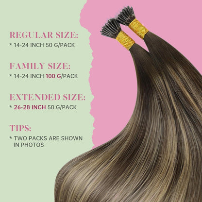 Echthaar Nano Extensions Braun mit Karamellblond, 50cm