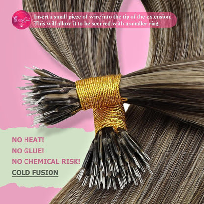Echthaar Nano Extensions Braun mit Karamellblond, 50cm