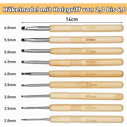 Häkelnadel Set 9 Stück Ergonomisch mit Holzgriffen