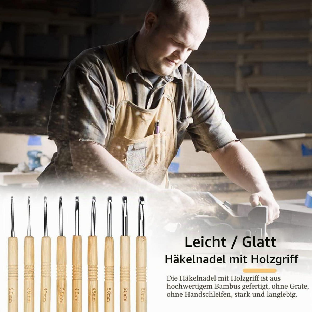 Häkelnadel Set 9 Stück Ergonomisch mit Holzgriffen