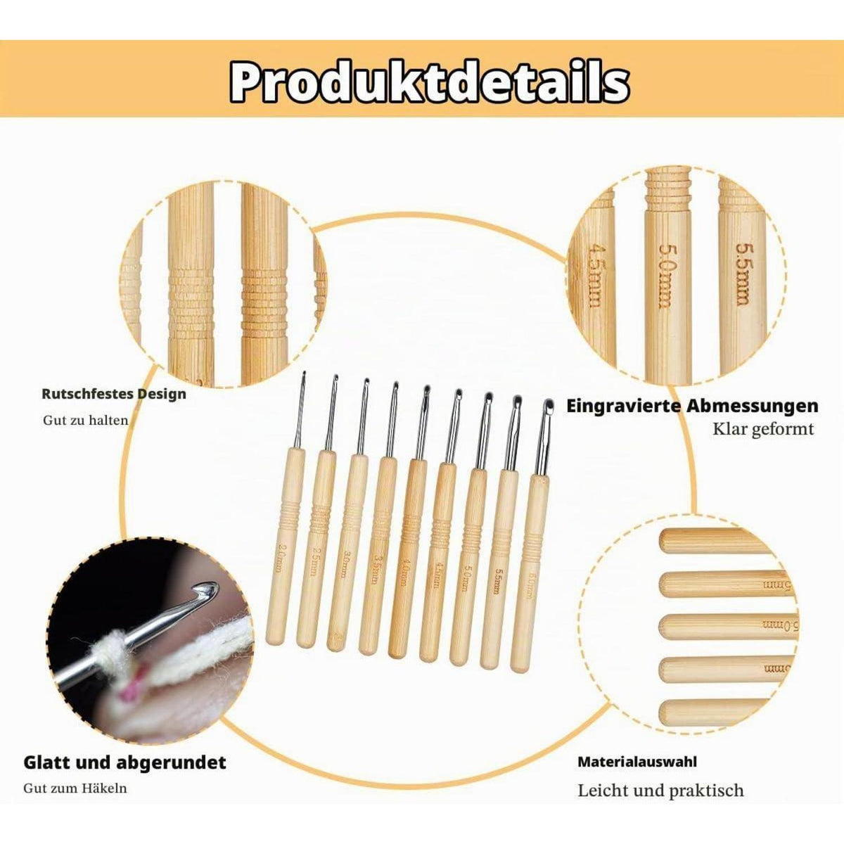 Häkelnadel Set 9 Stück Ergonomisch mit Holzgriffen