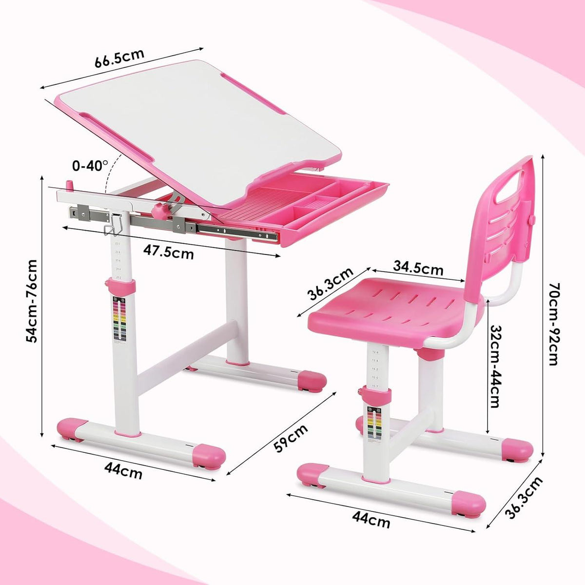 Kinderschreibtisch Stuhl Set Höhenverstellbar neigbar Rosa