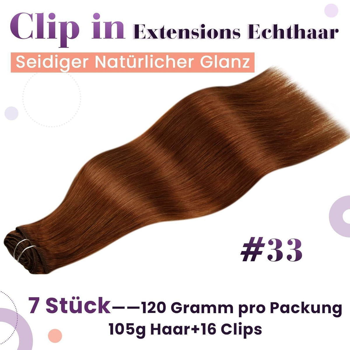 Echthaar Haarverlängerung Rotbraun 55cm Clip-In