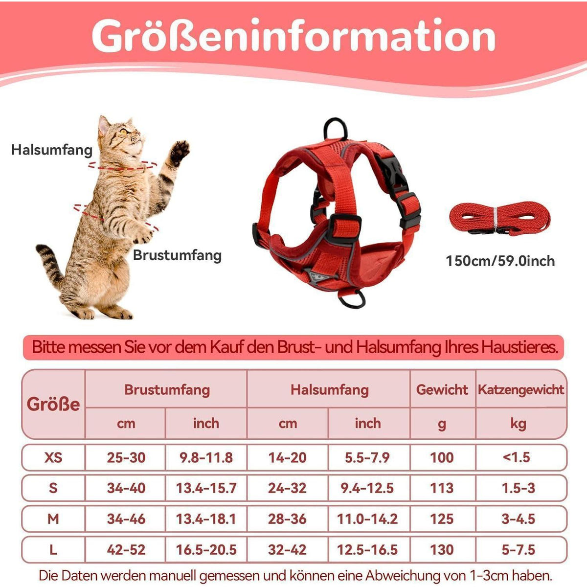 Ausbruchsicheres Katzengeschirr mit Leine, Rot L