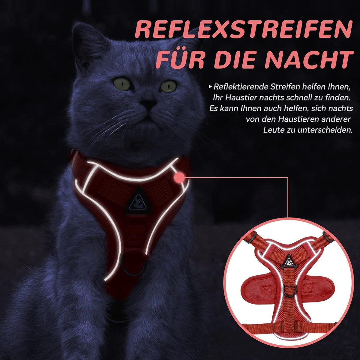 Ausbruchsicheres Katzengeschirr mit Leine, Rot L