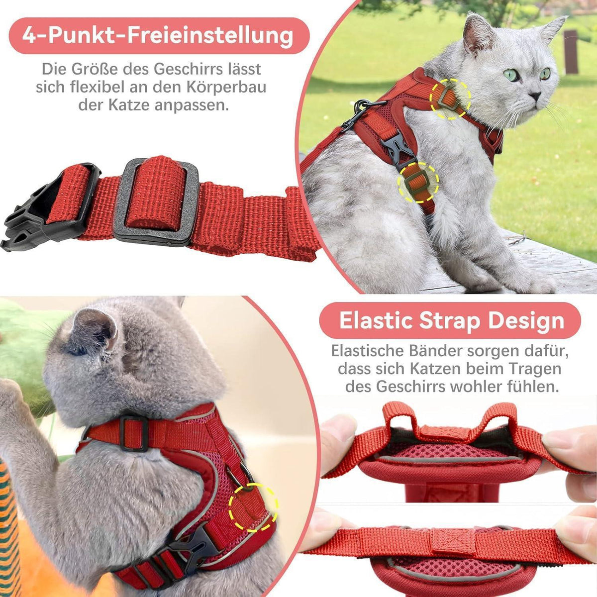 Ausbruchsicheres Katzengeschirr mit Leine, Rot L