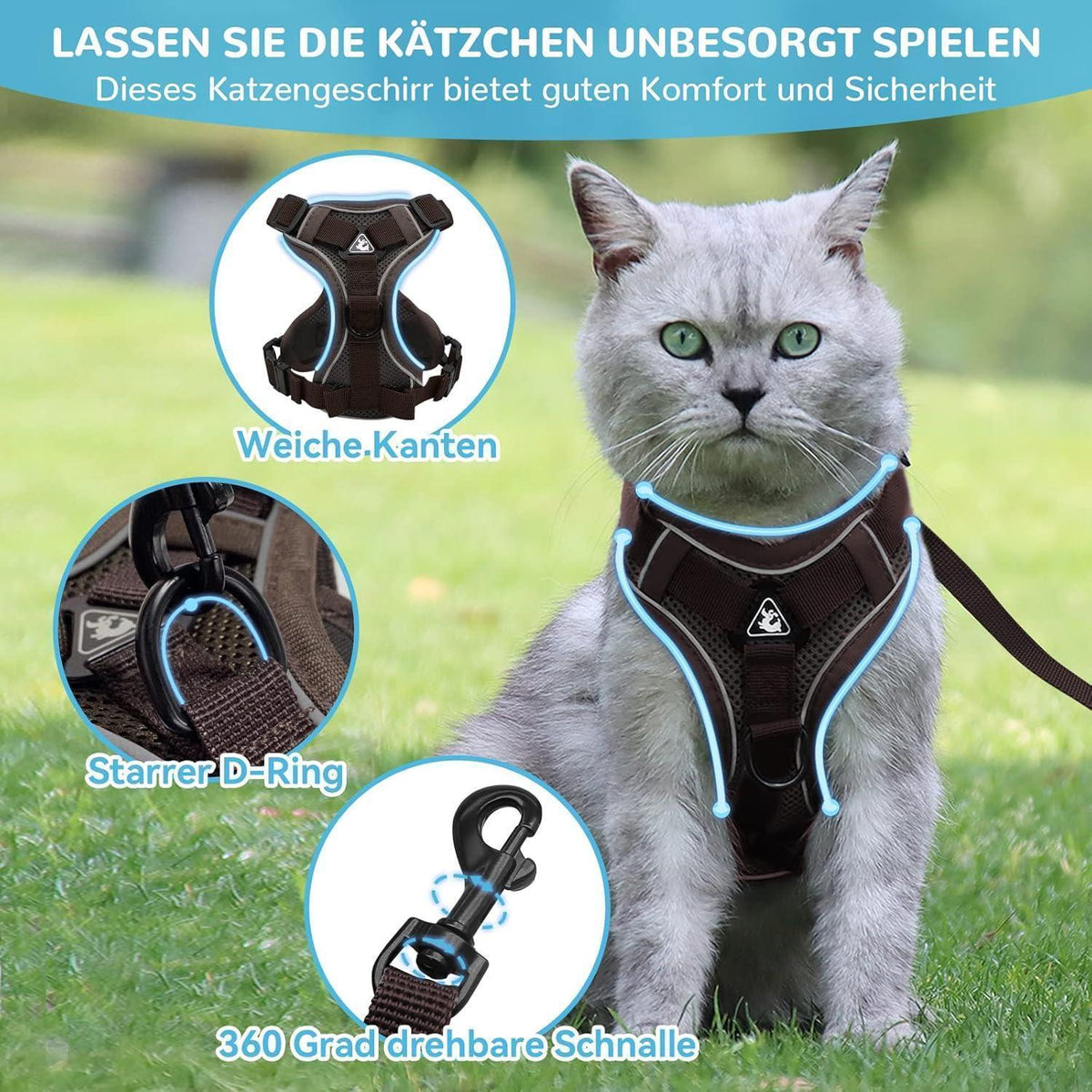 Ausbruchsicheres Katzengeschirr mit Leine, verstellbar, atmungsaktiv, Braun S
