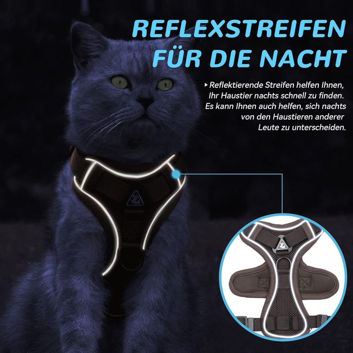 Ausbruchsicheres Katzengeschirr mit Leine, verstellbar, atmungsaktiv, Braun S