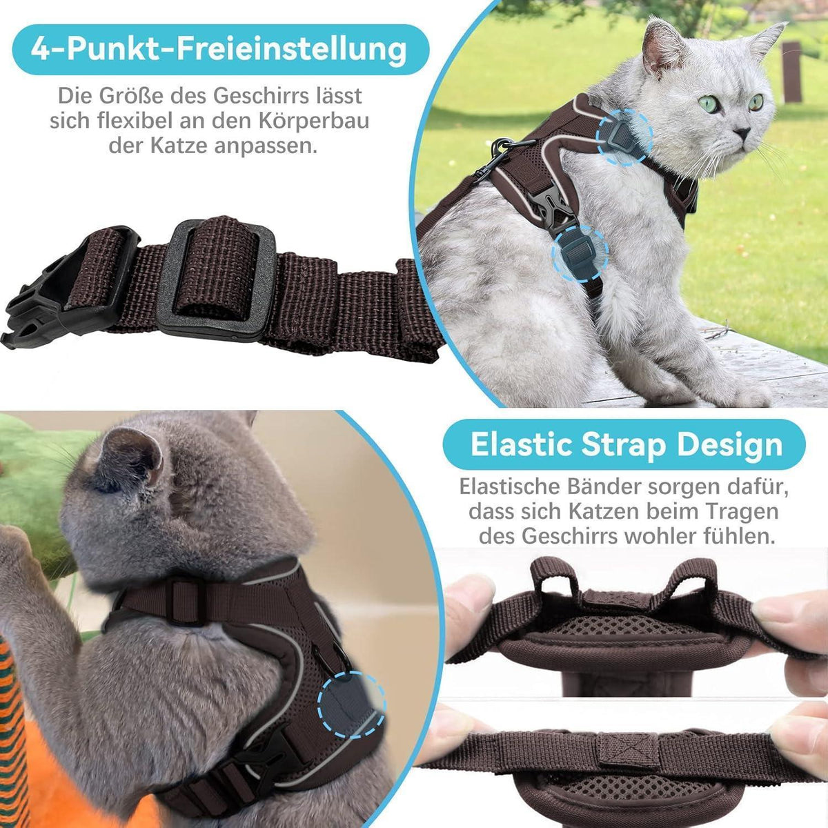 Ausbruchsicheres Katzengeschirr mit Leine Set, L Braun