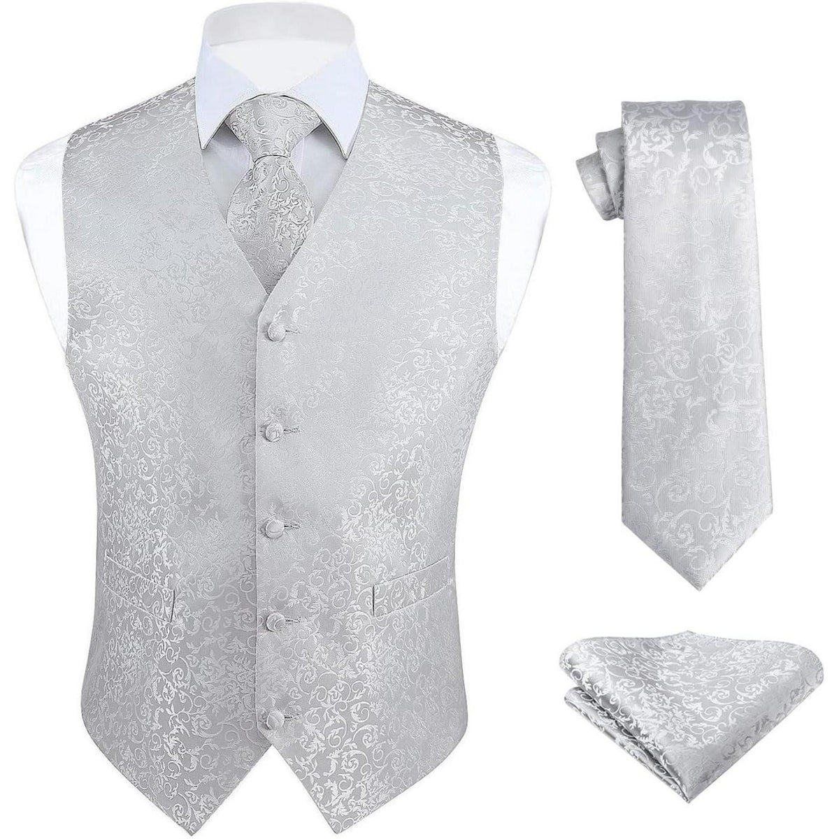 Herren Weste Krawatte Einstecktuch Set Jacquard Gelb 3XL