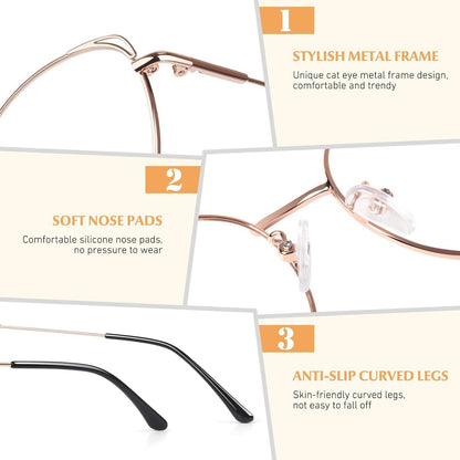 LINVO Damen Brille Metallgestell Vintage Katzenauge - Transparente Linse