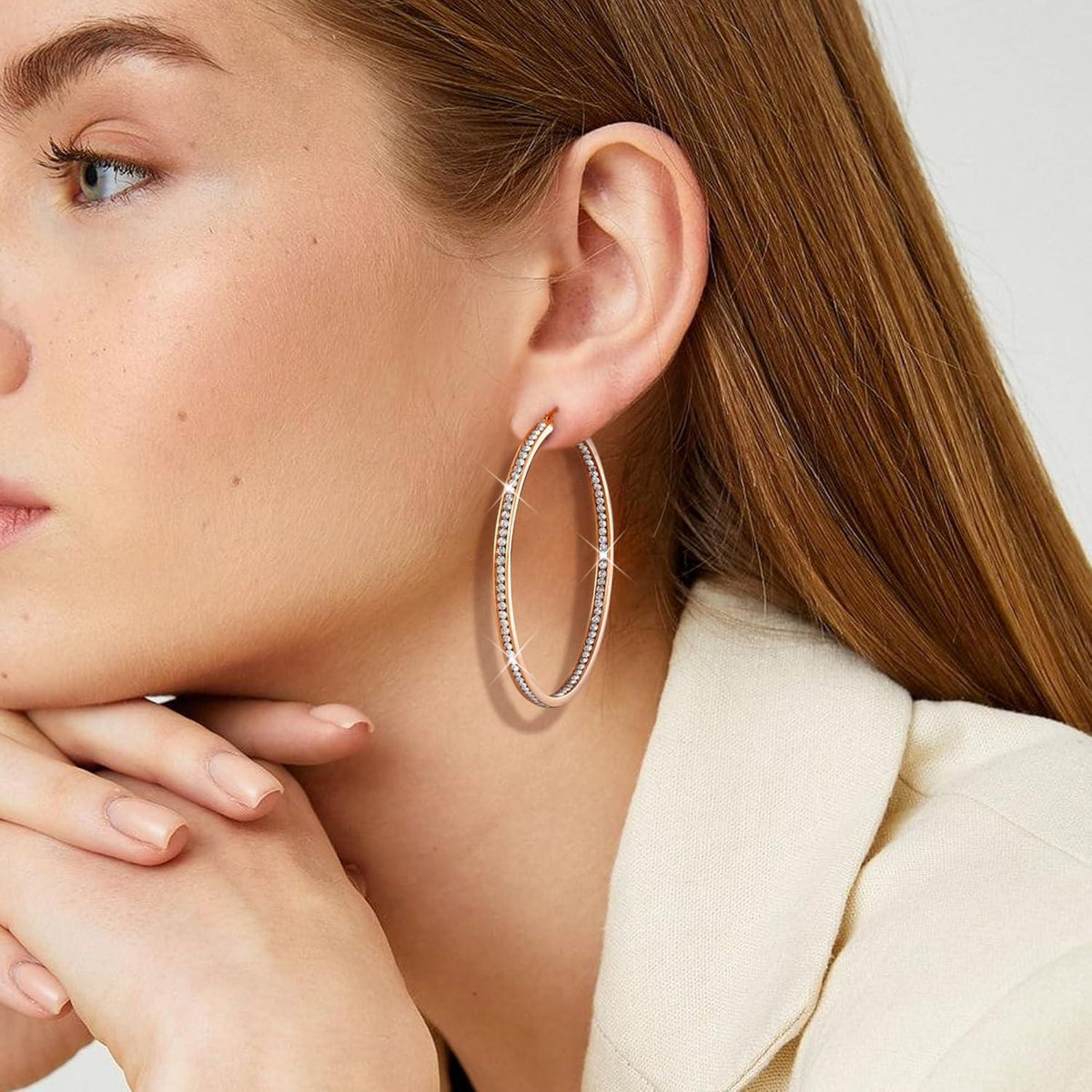 Creolen Edelstahl mit Zirkonia, 60mm, Roségold