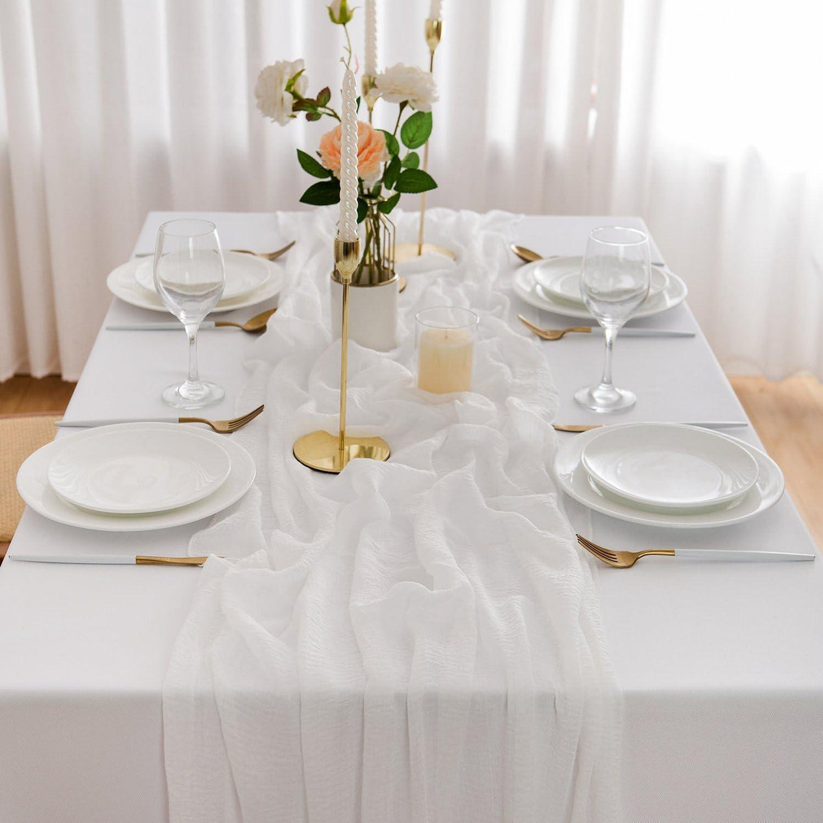 Tischläufer Hochzeit Weiß 300x80cm Musselin Gaze Boho
