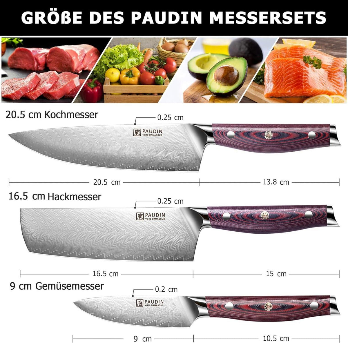 PAUDIN 3-tlg Damastmesser Set mit G10 Griff und Holzbox
