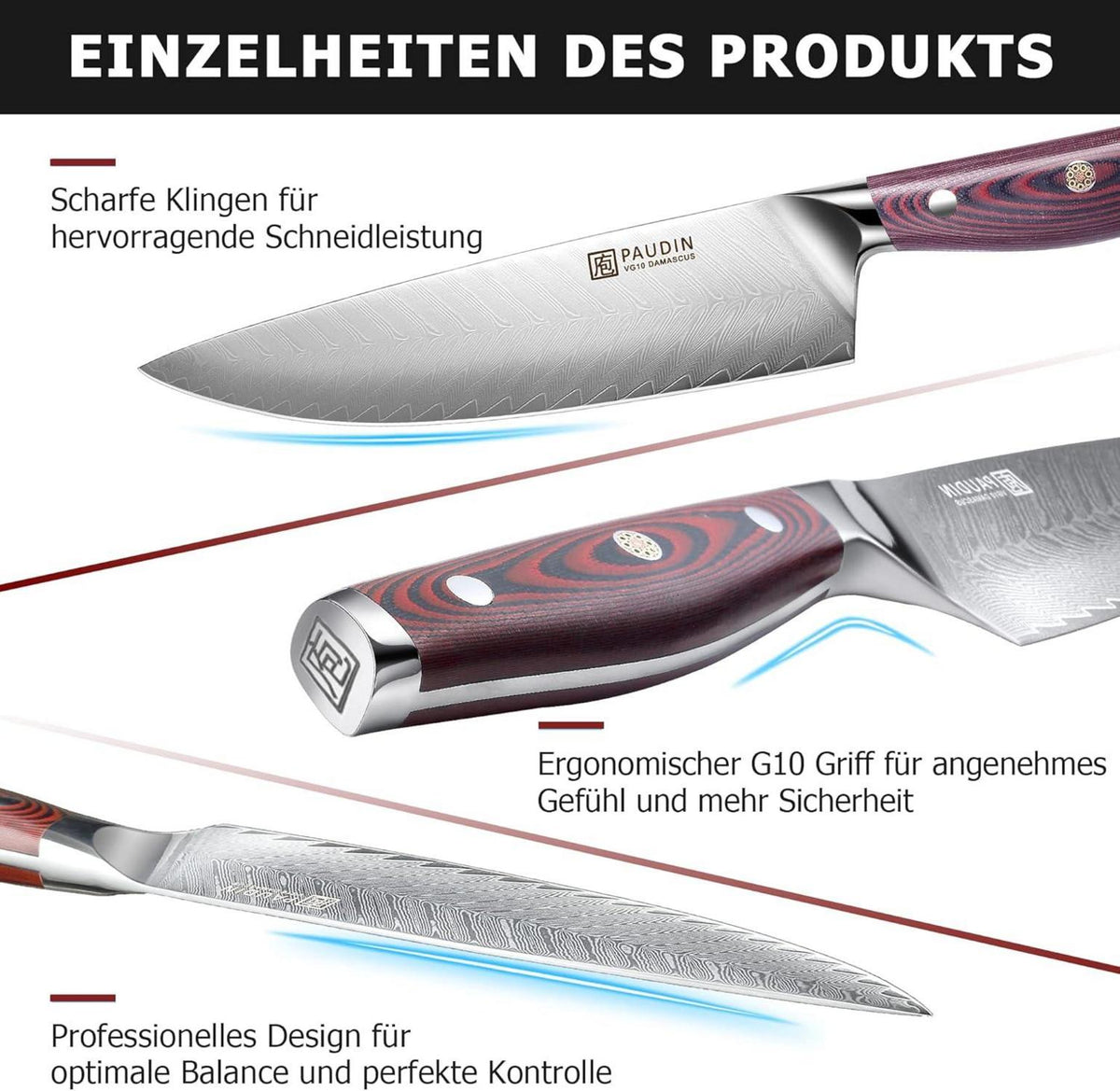 3-tlg Damastmesser Set aus 67 Schichten Damaszenerstahl