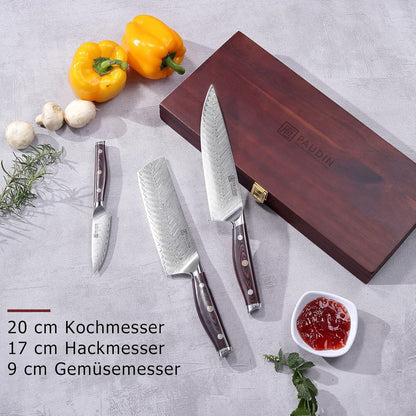 Messerset Damastmesser Set 3-tlg G10 Griff Holzbox Profi Küchenmesser