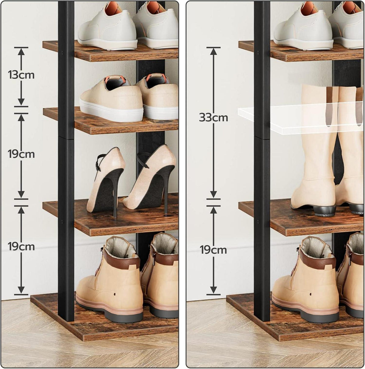 Schuhregal 8-lagig schmal 50 cm mit Haken Dunkelbraun Schwarz