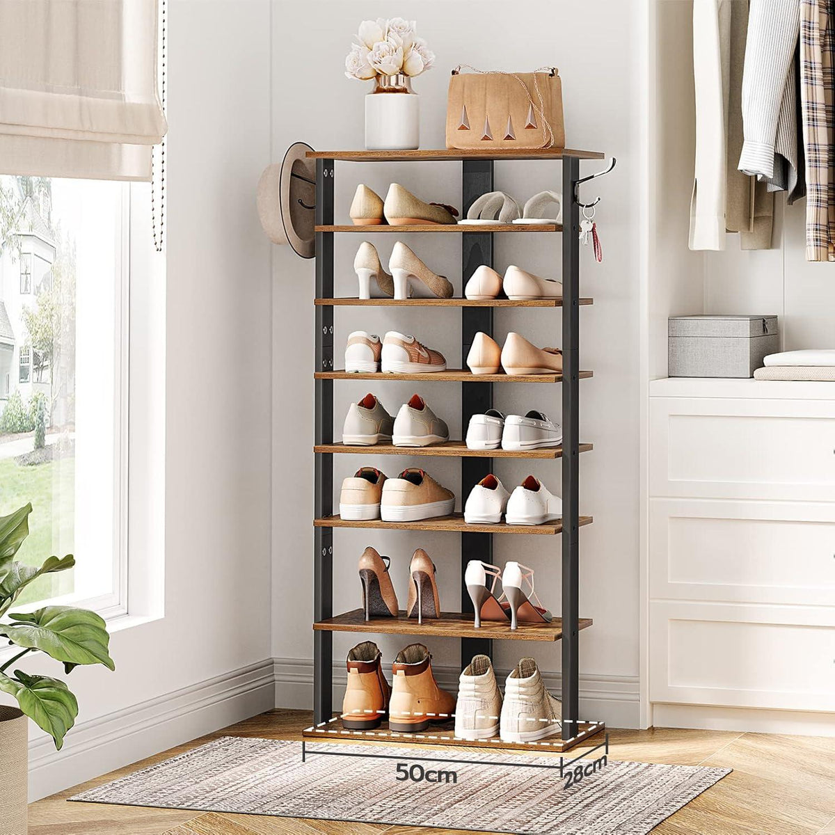 HOOBRO 8-lagiges Schuhregal mit Haken, schmales Ablagegestell, 50 cm, Dunkelbraun + Schwarz