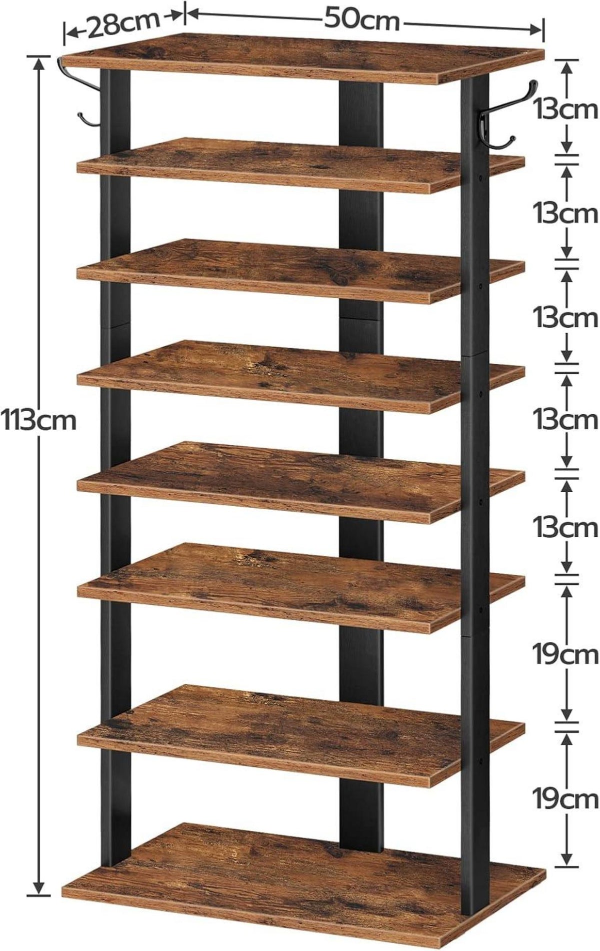 Schuhregal 8-lagig schmal mit 2 Haken Dunkelbraun Schwarz