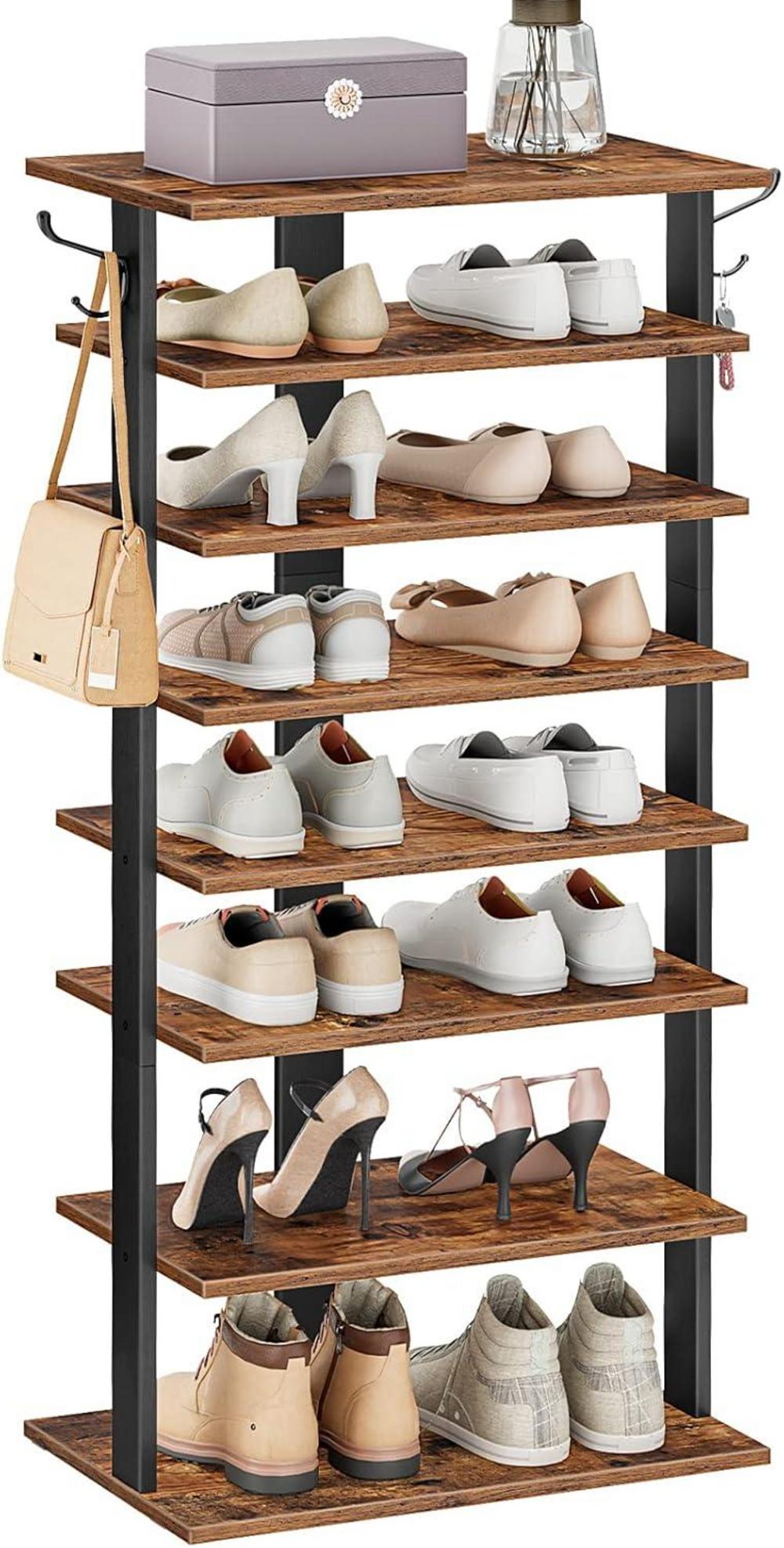 HOOBRO 8-lagiges Schuhregal mit Haken, schmales Ablagegestell, 50 cm, Dunkelbraun + Schwarz