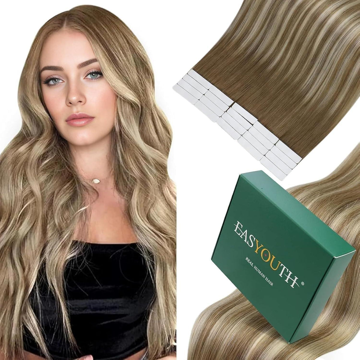 Echthaar Tape Extensions Balayage Blond Ombre Platinblond 60cm