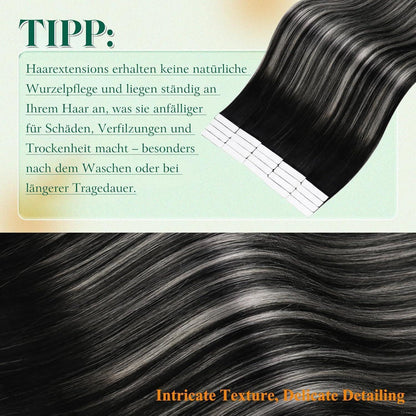 Echthaar Tape Extensions Schwarz Silber Ombre 45cm