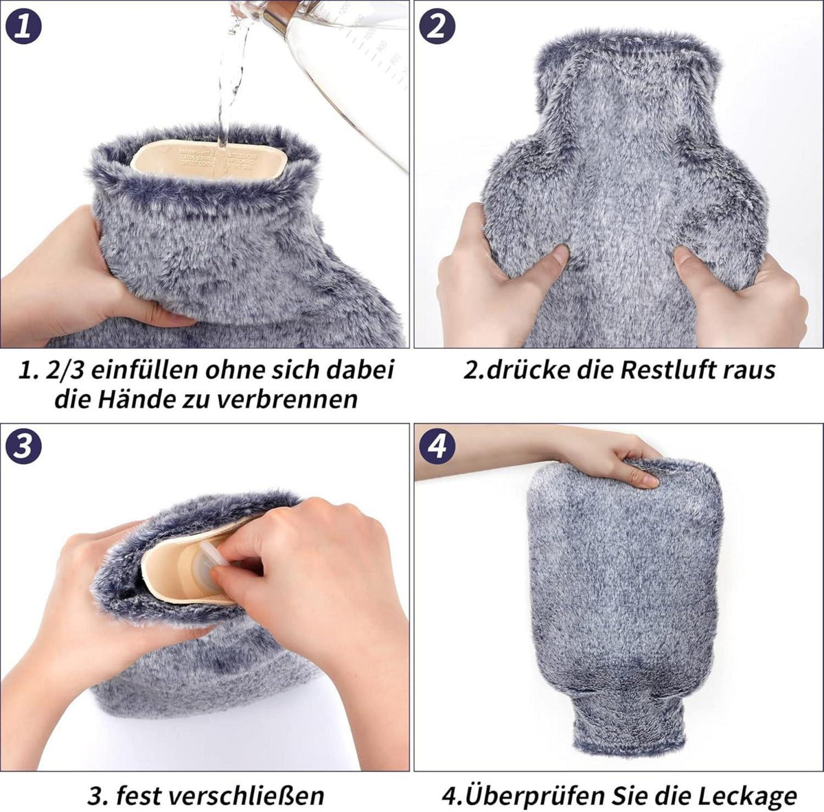 OWOZOI Wärmflasche 2L mit flauschigem Fellbezug und Kängurutasche Marineblau