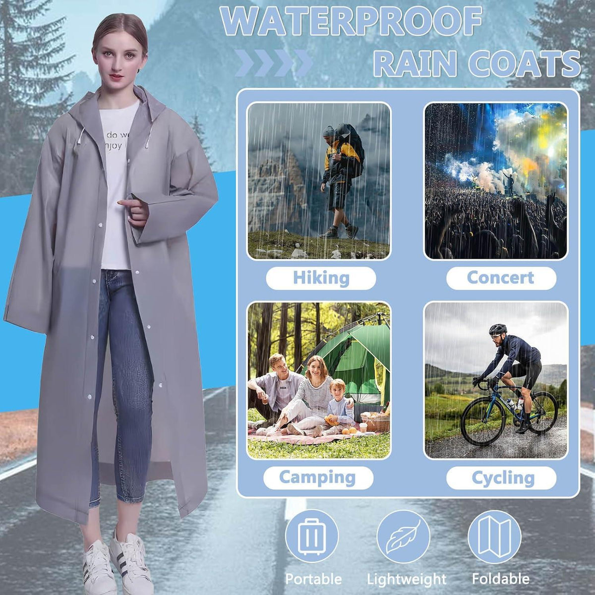 Wiederverwendbarer Regenponcho 2er-Set Wasserdicht für Damen Herren Grau