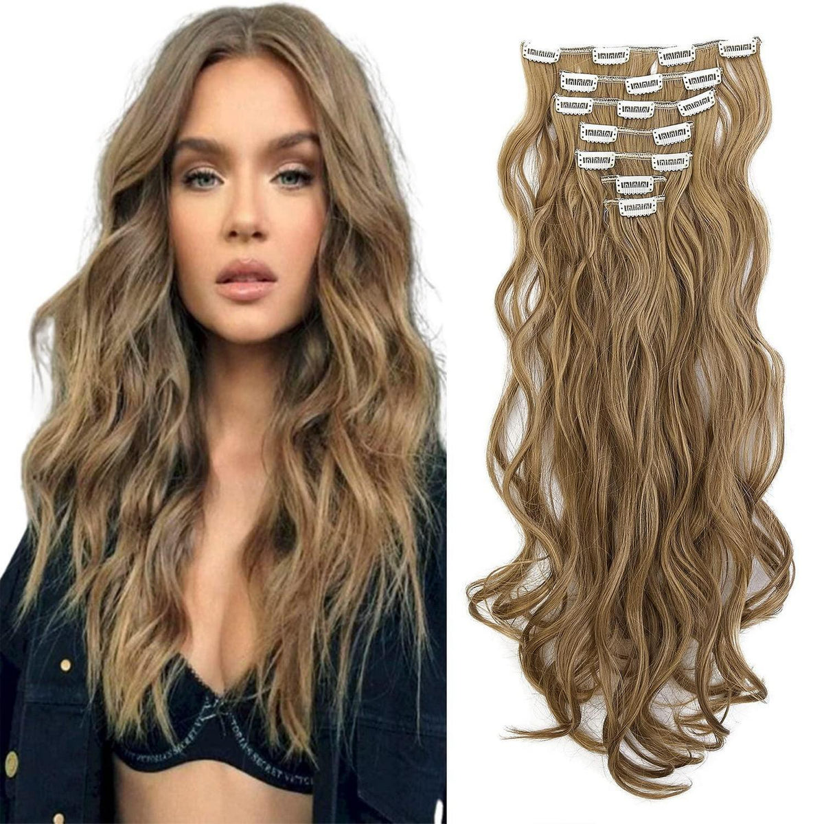 Welliges Haarverlängerung Clip-In 50cm Hellblond & Aschbraun