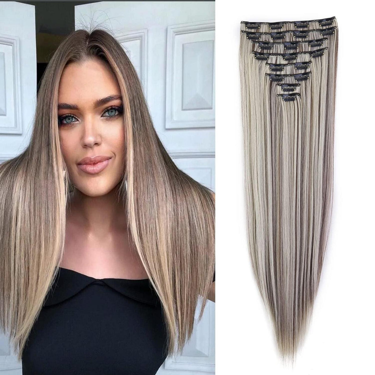Clip-In Haarverlängerung glatt, 60cm, Hellbraun & Blond