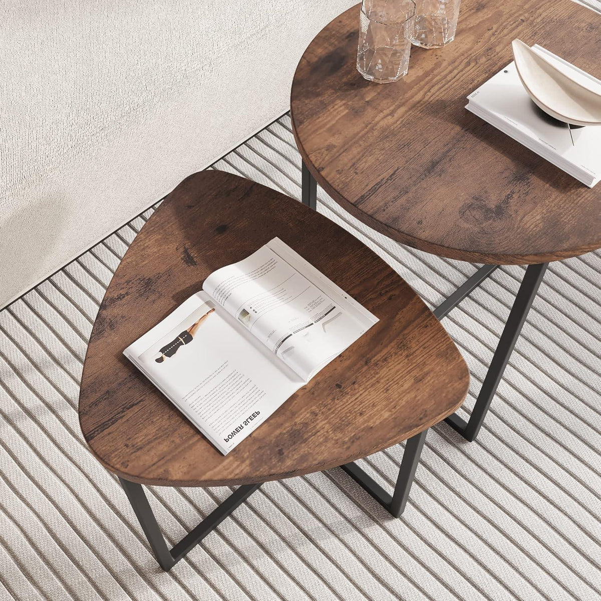 Couchtisch Rund 2er Set Metall Holz Schwarz Braun