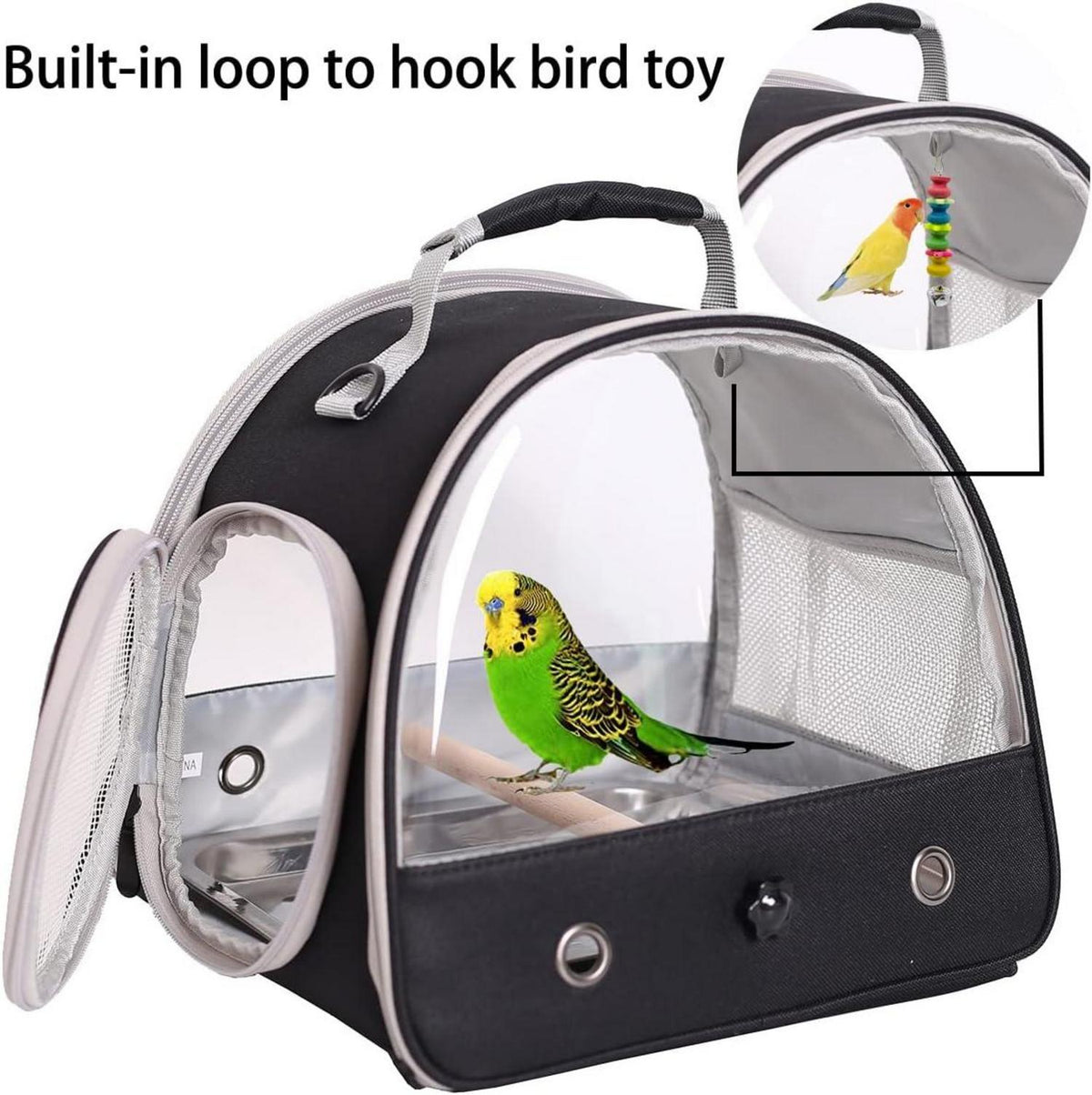 Transporttasche für kleine Vögel - tragbarer Vogelkäfig mit Edelstahl-Tablett und Holzstange, schwarz