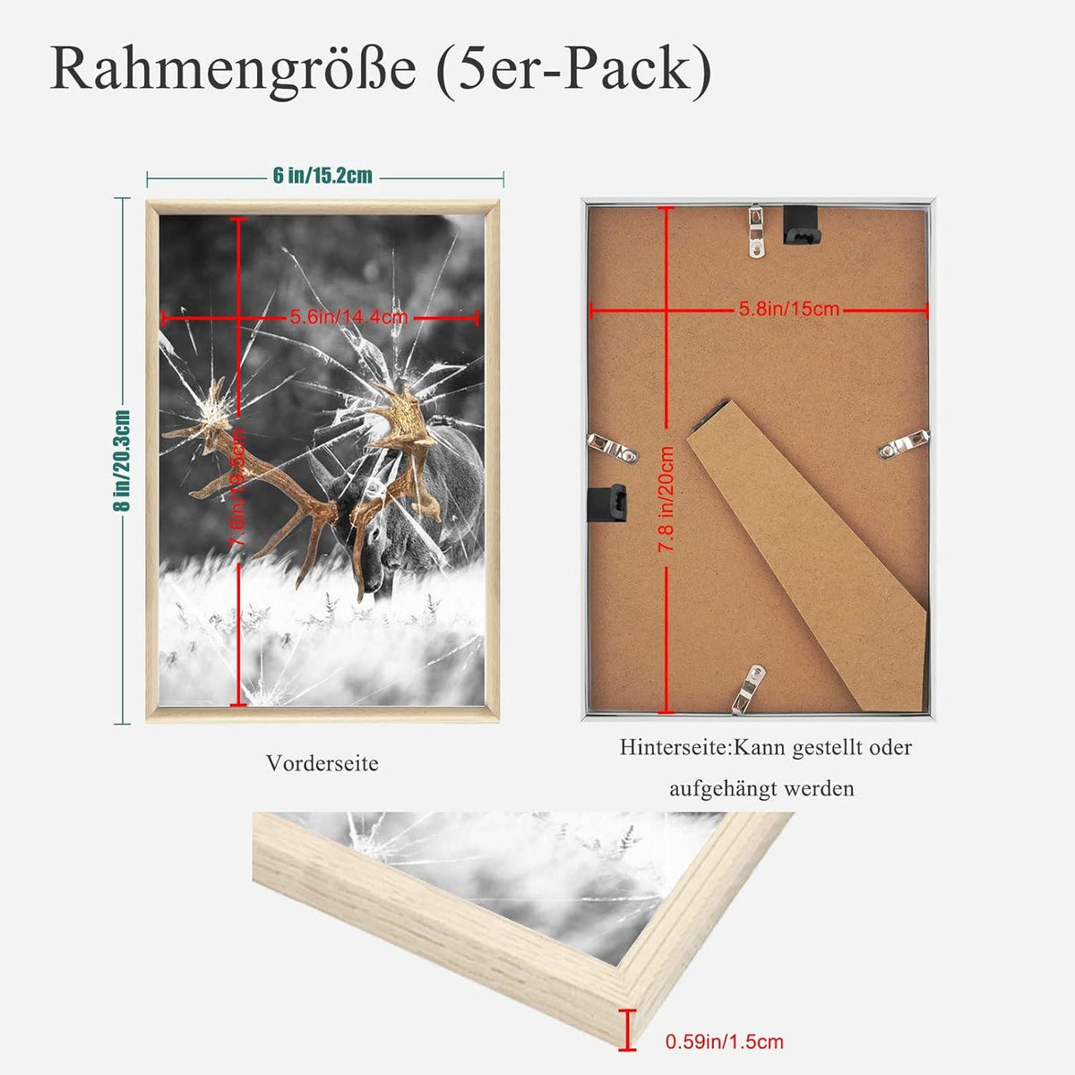 5er Set Fotorahmen DIN 8 Inches Plexi-Glas Eiche Holz