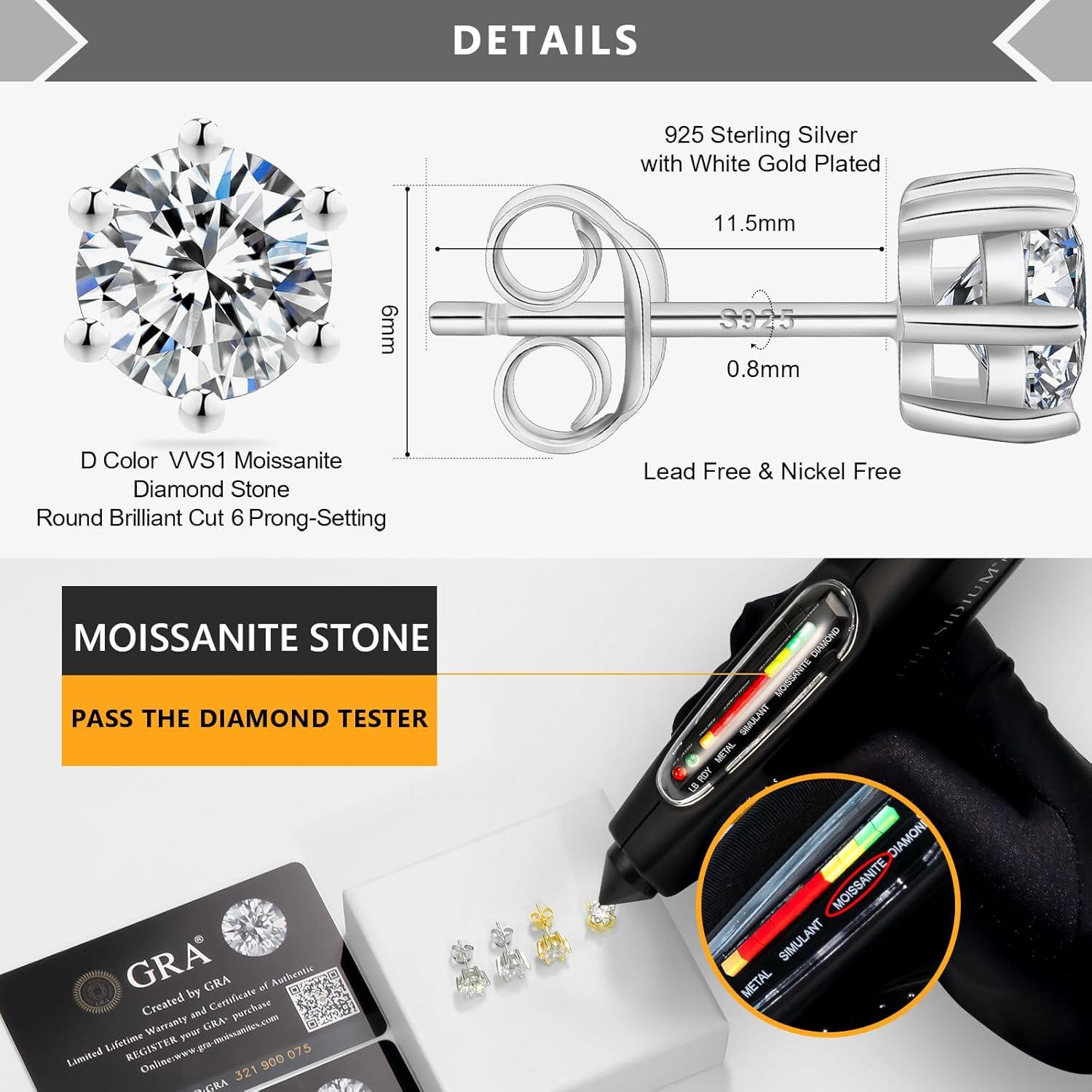 Moissanite Ohrringe Silber 925 Damen 6,5mm Diamant VVS1 2 ct Heart & Arrow Effekt