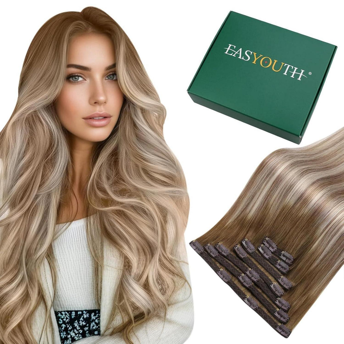 Clip-In Echthaar Extensions Ombre Braun Dunkelbraun Aschblond