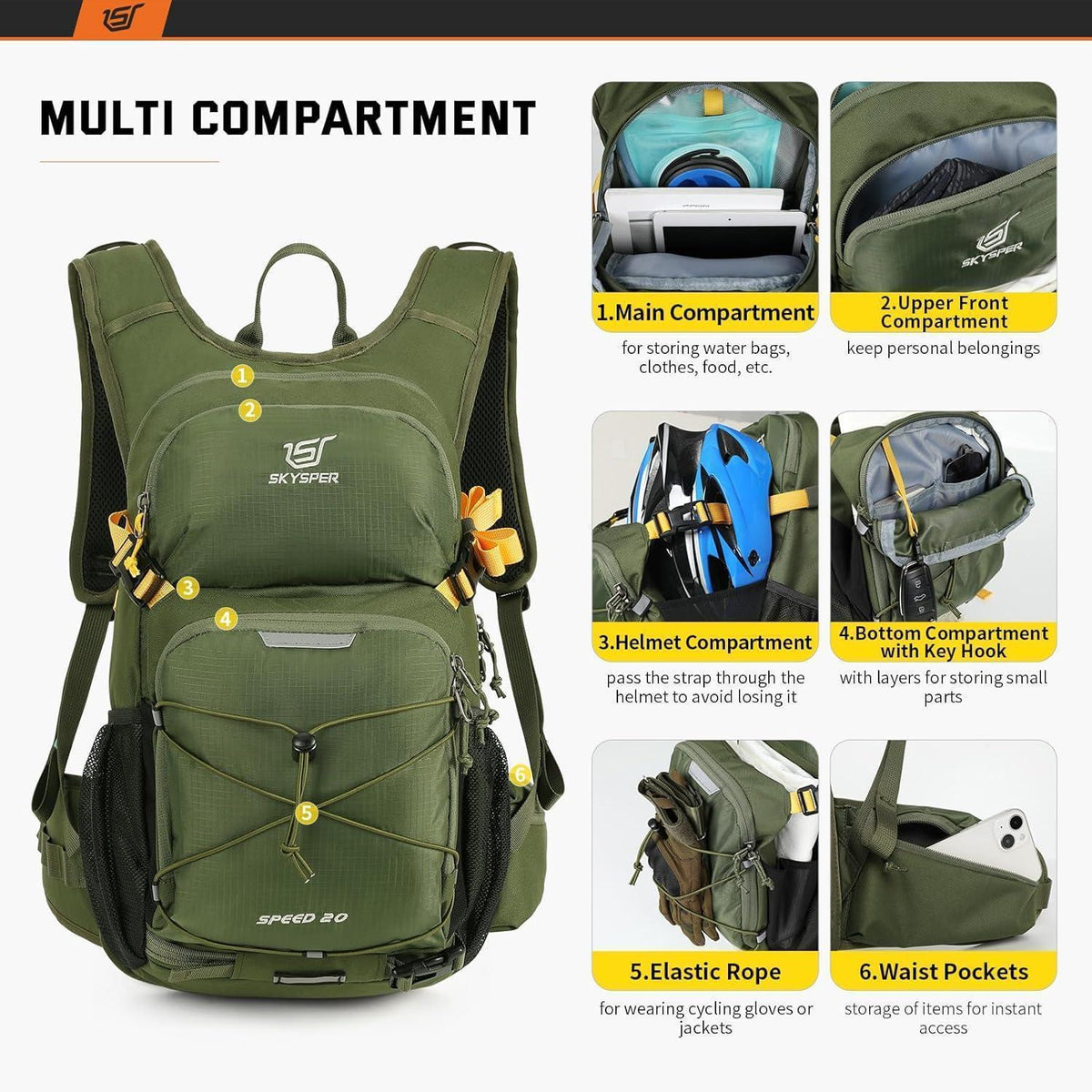 20L Wanderrucksack mit Trinksystem, Fahrrad- & Skirucksack, Militärgrün