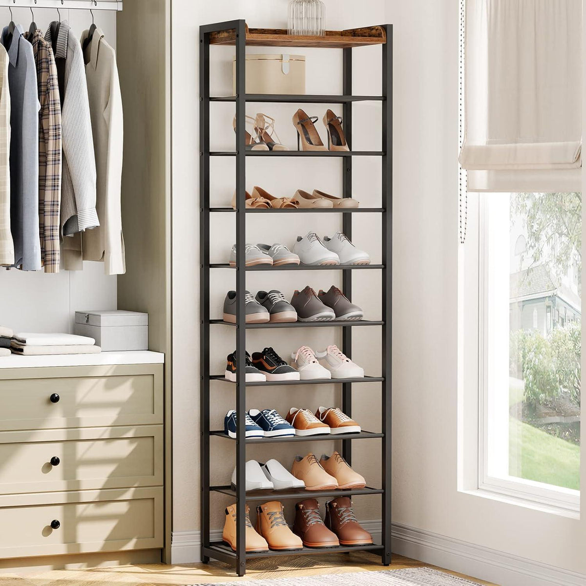 Schuhregal mit 10 Ebenen für 18-25 Paar Schuhe, Platzsparend, Dunkelbraun-Schwarz