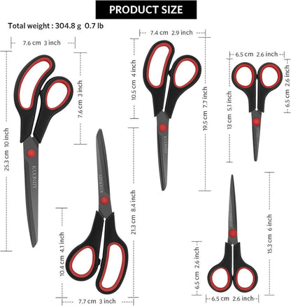 KUONIIY Scheren Set 5-teilig Titanbeschichtung Soft-Grip Schwarz Rot