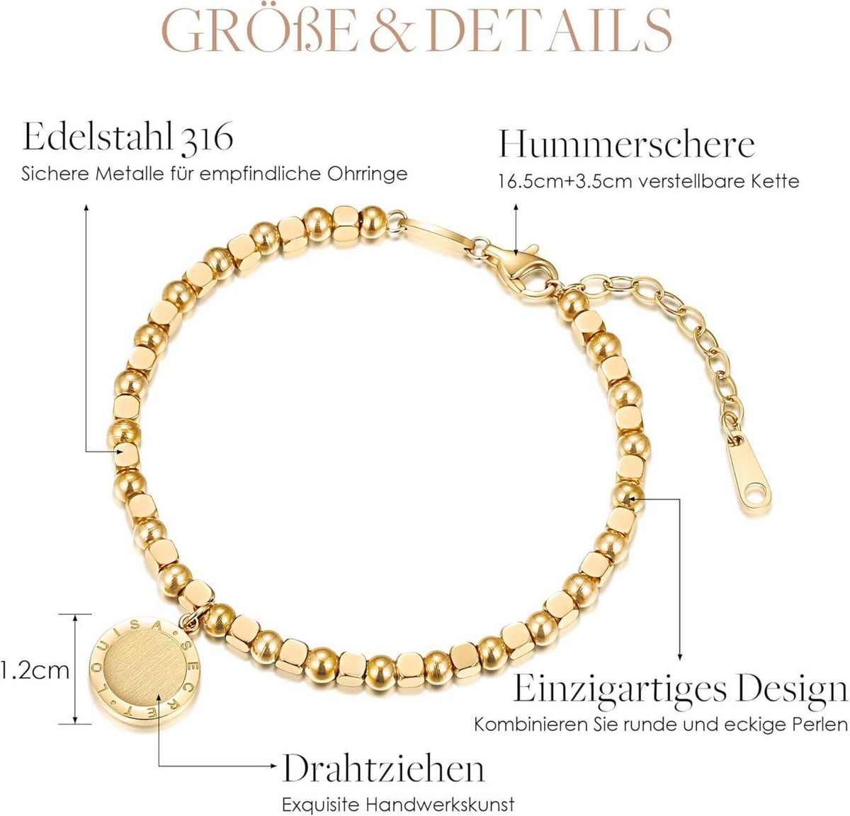 Initial Armband Damen Edelstahl Verstellbare Kette Gold