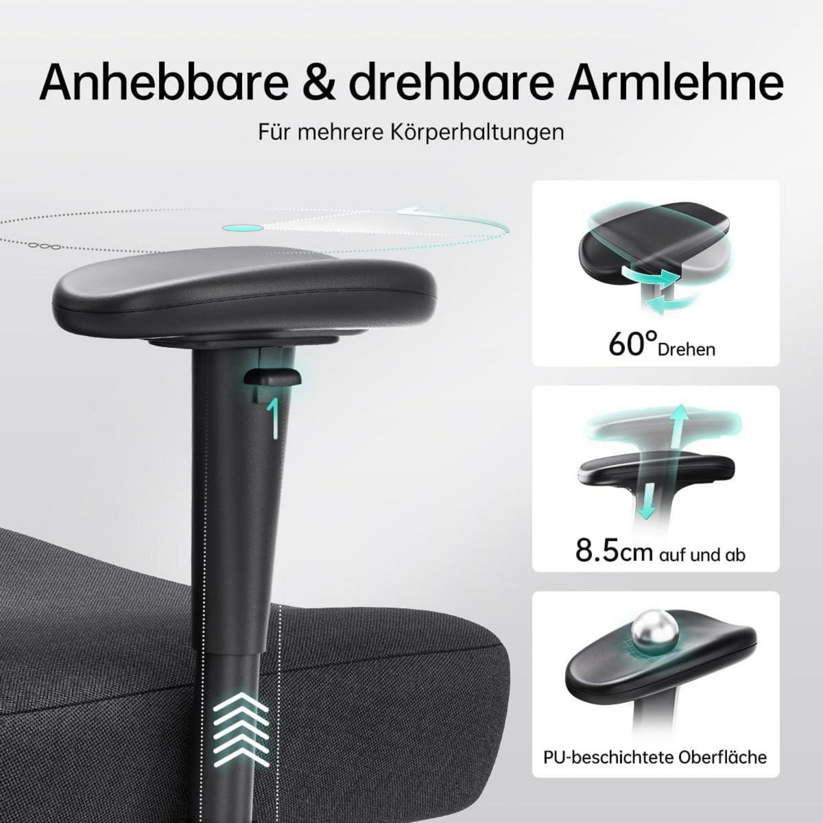 Ergonomischer Bürostuhl mit verstellbarer Kopfstütze, Lordosenstütze, Fußstütze
